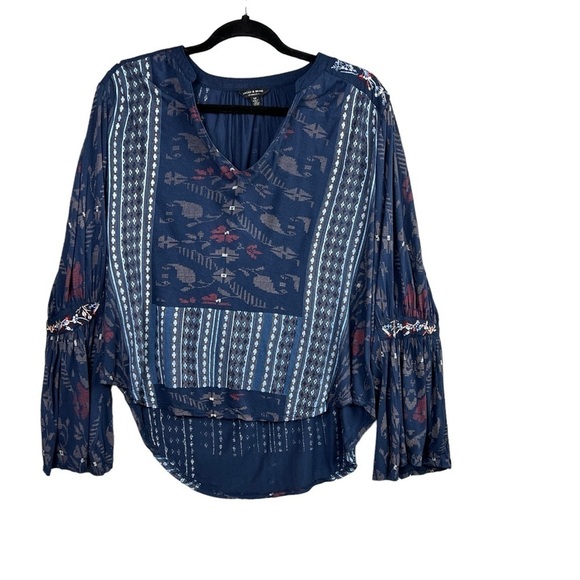 Lucky Brand Women's Blouse Boho Embroidered Bell sleeve High Low Hem Size Small - Picture 1 of 11